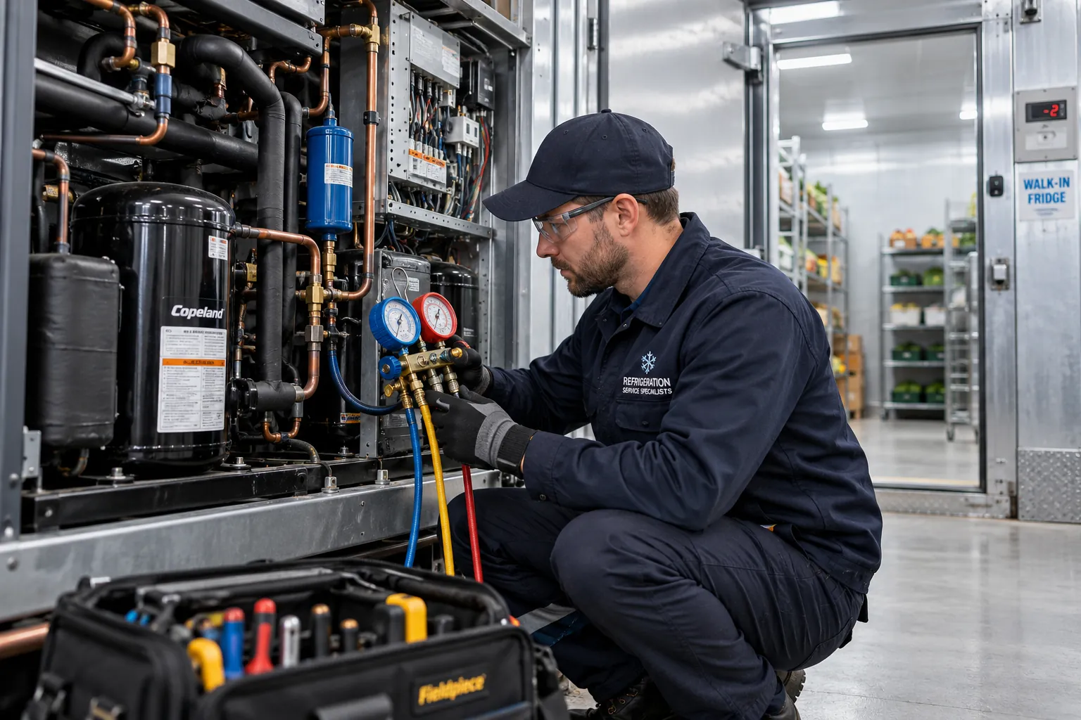 Specialist refrigeration engineer servicing a commercial walk-in fridge compressor